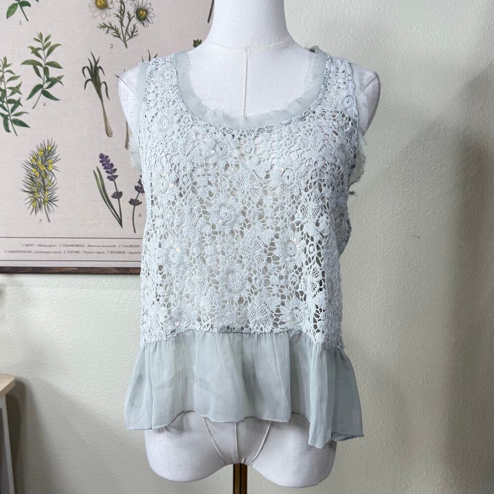 Y2k Sheer Floral Lace Ruffle Tank Top Dollette Gloomy Coquette Mori Kei Fairy XS